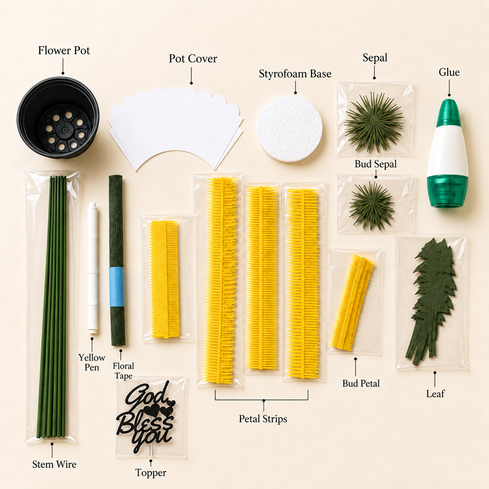 Paper dandelion craft materials including flower pot, petal strips, stem wire, leaves, sepals, topper, glue, and floral tape