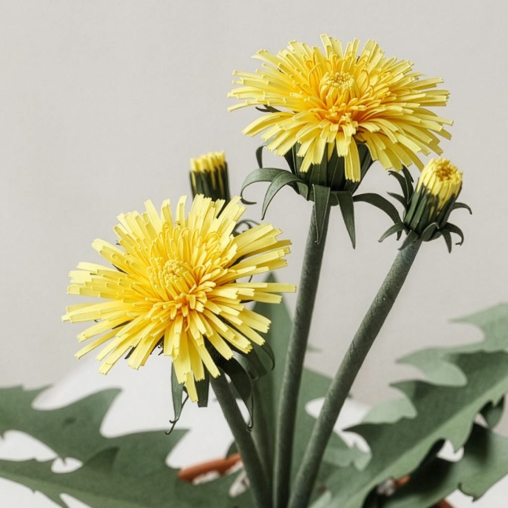 Close-up of handmade yellow paper dandelion flowers with green leaves and buds