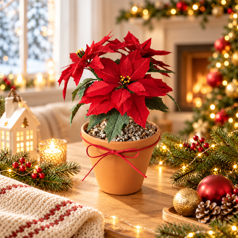 Handmade red crepe paper poinsettia flowers with green leaves arranged in a festive Christmas flower pot
