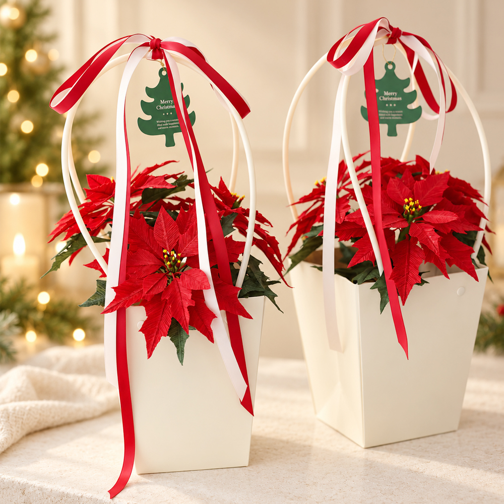 Handmade crepe paper poinsettia flowers arranged in white Christmas gift baskets with red and white ribbon bows and festive holiday tags