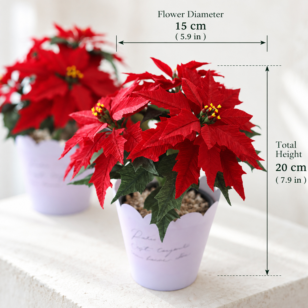 Finished paper poinsettia flowers in a decorative pot showing a 15 cm (5.9 inch) flower diameter and 20 cm (7.9 inch) total height