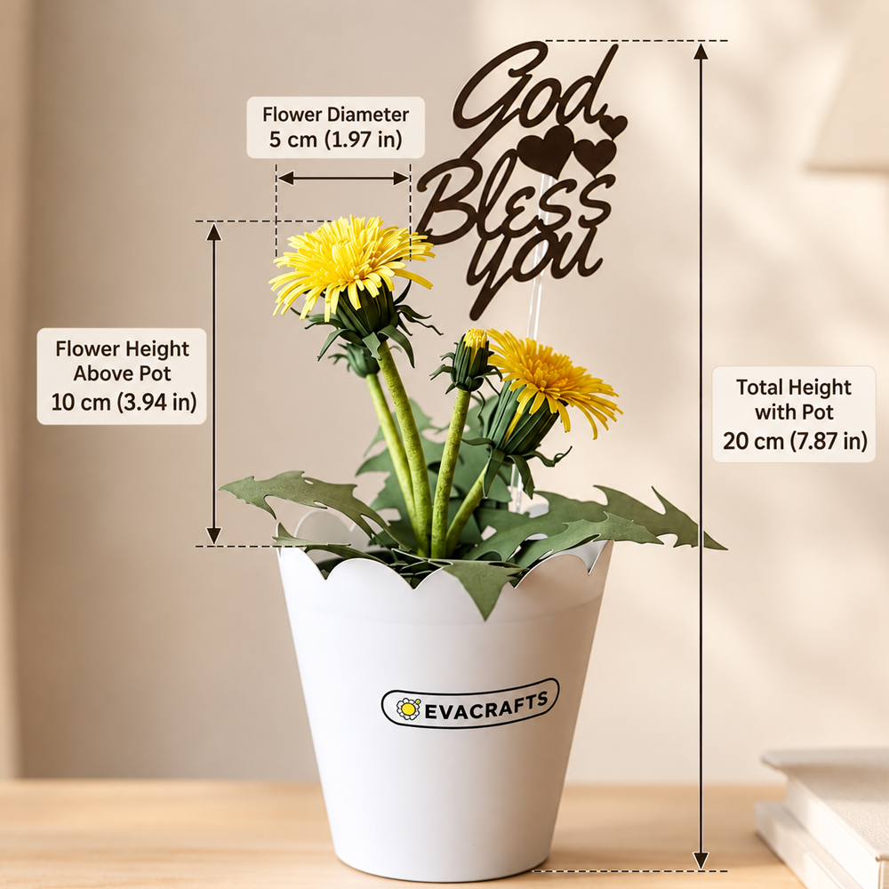 Paper dandelion flower pot size guide showing 5 cm flower diameter and 20 cm total height